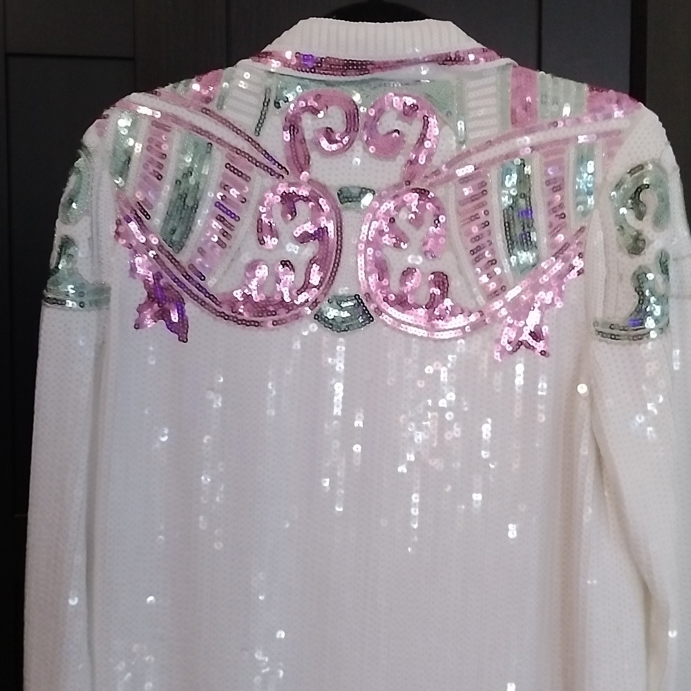 EUC Nasty Gal Fully Sequined White Dress Jacket Pink And Green Designs - Size 4 - Picture 5 of 10